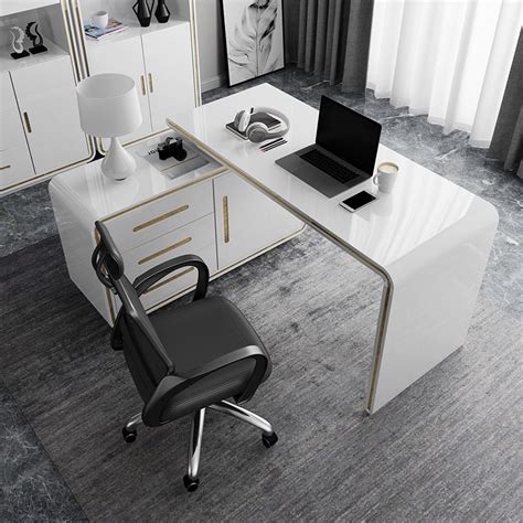 Modern White 55" L-Shaped Desk Corner Computer Desk with Cabinet ...