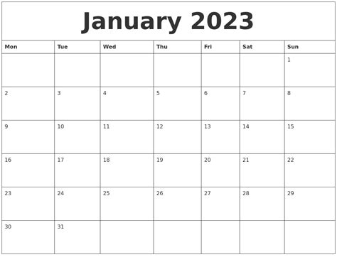 January 2023 Free Blank Calendar