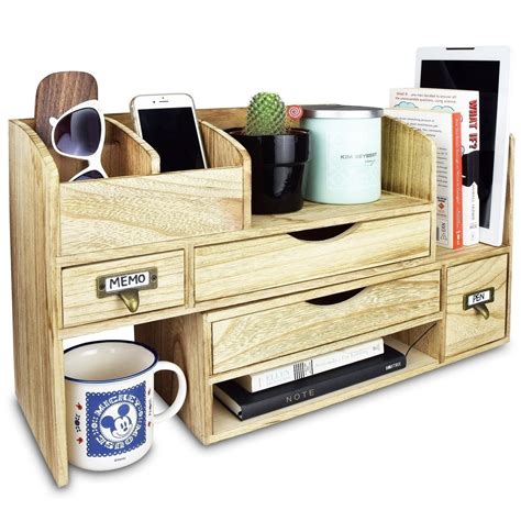 Ikee Design Adjustable Wooden Desktop Organizer Office Supplies Storage Shelf Rack (Eco-F ...