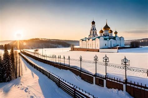 Premium AI Image | a church in a snowy landscape with a fence and snow covered ground.