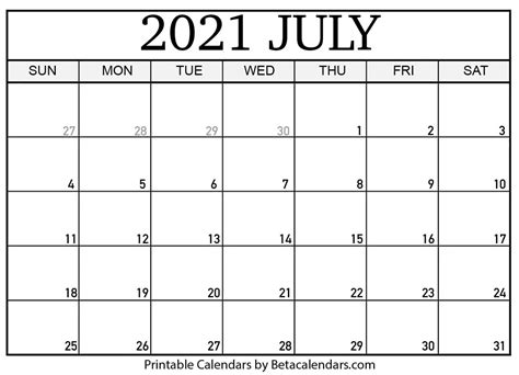 Printable Calendar Blank 2021 July 2021 Calendar Free Printable ...