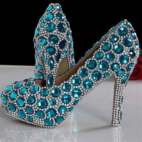 2018 Sparkling Luxurious Blue Wedding Shoes for woman Rhinestone Bridal Dress Shoes Lady High ...