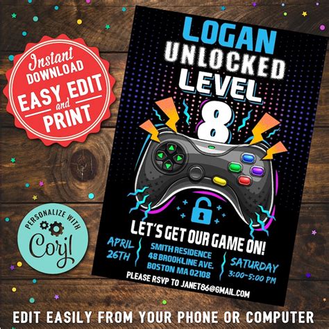 Video Game Level 8 Unlocked Birthday Party Invitation Boys | Etsy