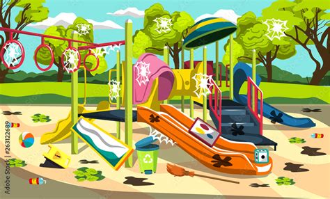 Dirty Outdoor Playground Fun for Kids at Park with Slides, Ball and Dice for Vector Outdoor ...