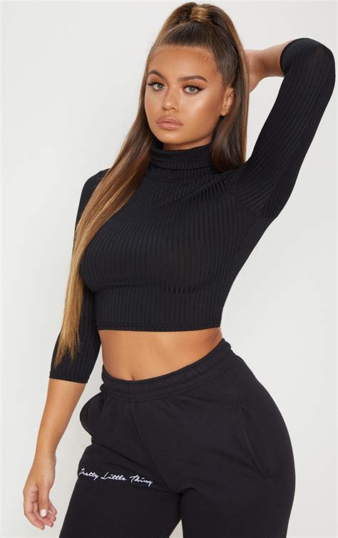 Black Long Sleeve Rib Roll Neck Crop Top | PrettyLittleThing