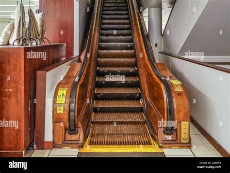 The 125 years old wooden escalator in a shopping center of New York ...