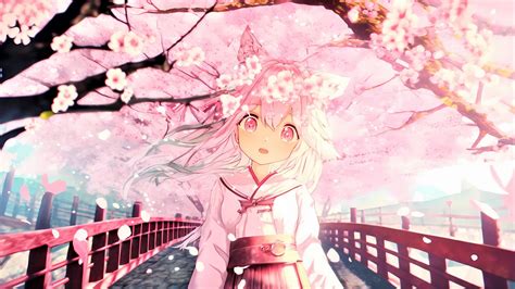 Download wallpaper 1920x1080 girl, ears, neko, kimono, flowers, spring, anime full hd, hdtv, fhd ...