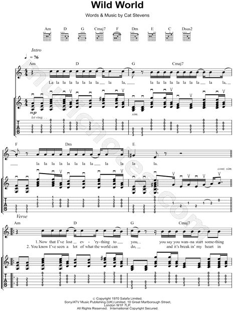 Cat Stevens "Wild World" Guitar Tab in C Major - Download & Print - SKU: MN0107678