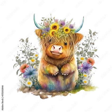 Cute Baby Highland cow on Spring Flowers Garden Watercolor PNG ...