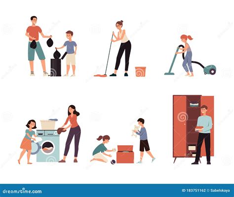 Cartoon Family Cleaning the House - Isolated Flat Drawing Set. Stock ...