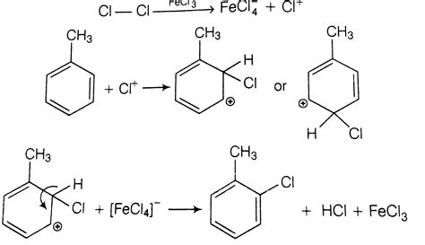 Toluene react with a halogen in the presence of iron (III) chloride gi