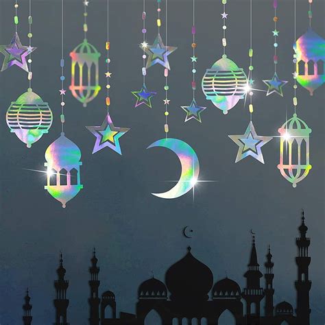 16pcs Iridescent Star Moon Lantern Ramadan Garland Holographic EID ...