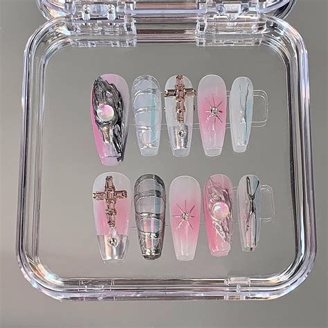 Amazon.com: GlimightyX 3D Handmade Press On Nails, Y2K Cyber Pink Chrome Medium Coffin Press On ...