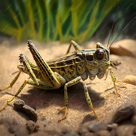 Premium Photo | A grasshopper with yellow and black markings sits on a ...