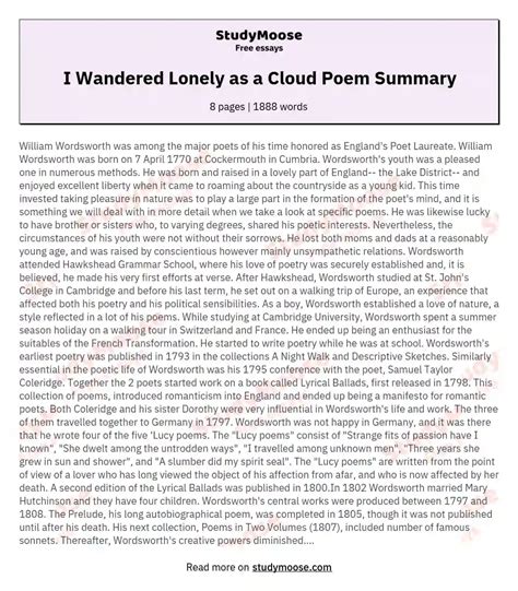 I Wandered Lonely as a Cloud Poem Summary Free Essay Example