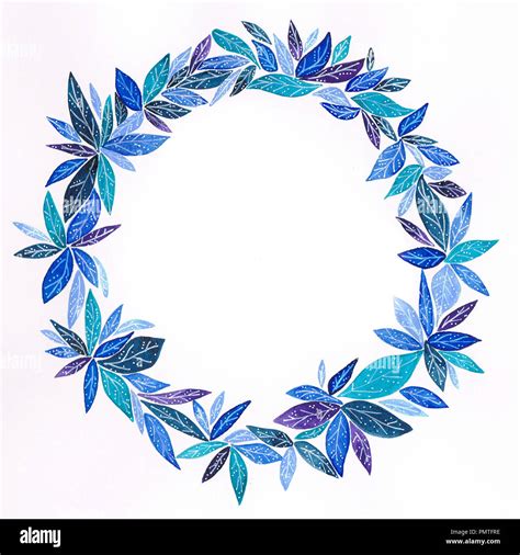 Watercolor, handmade, blue leafy wreath with night vibes, with white gel pen doodles Stock Photo ...
