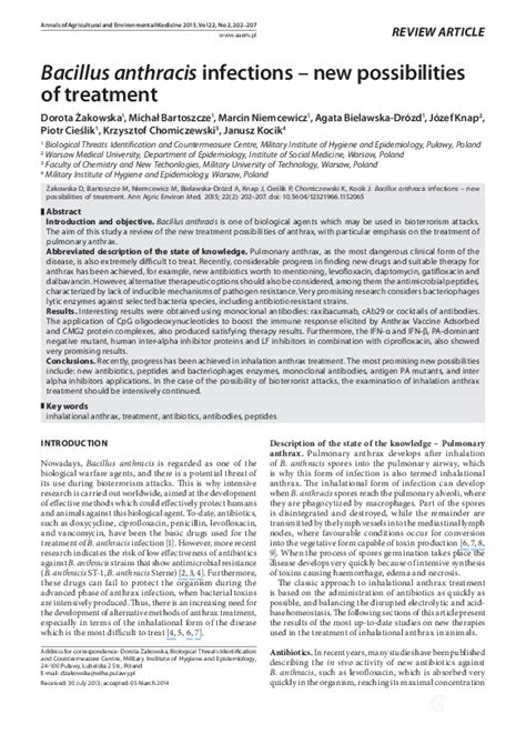 (PDF) Bacillus anthracis infections – new possibilities of treatment ...