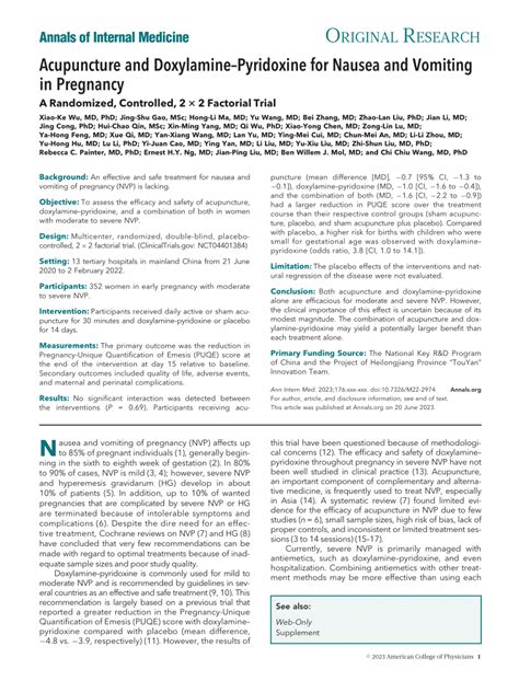 (PDF) Acupuncture and Doxylamine-Pyridoxine for Nausea and Vomiting in Pregnancy : A Randomized ...