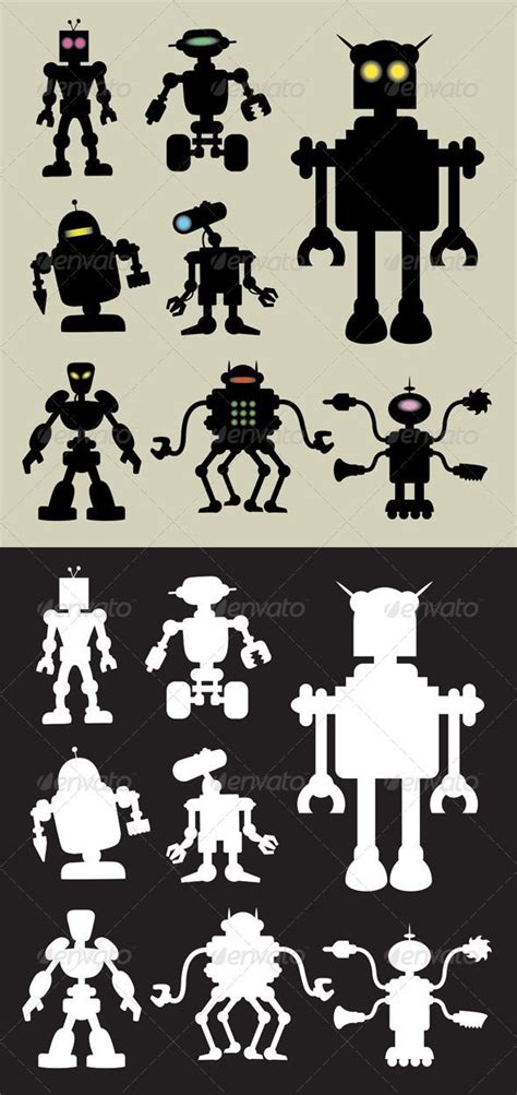 Vector Robot Robot Silhouettes #GraphicRiver Smooth and detail robot silhouette vect... | Vector ...