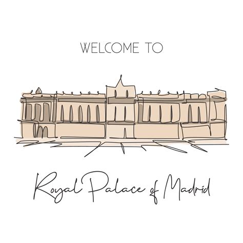 Single continuous line drawing Royal Palace of Madrid landmark. Beautiful famous place in Madrid ...