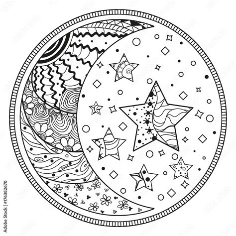 Mandala. Moon and star with abstract patterns. Hand drawn circle zendala with abstract patterns ...