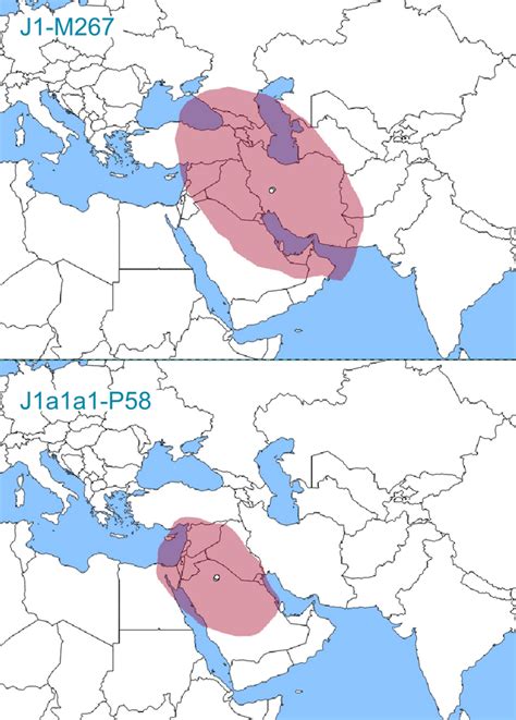 Inferred root locations of haplogroups J1-M267 and J1a1a1-P58. Shaded ...