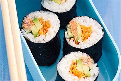 Salmon Sushi Rolls Recipe - Taste.com.au- Canned salmon, avocado, cucumber, carrot Salmon Roll ...