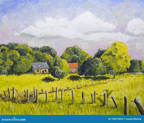 French Limousin Landscape Painting Stock Illustration - Illustration of painting, agriculture ...