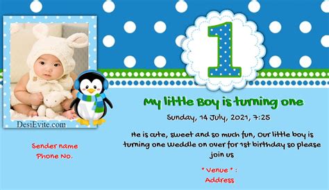 Baby boy first birthday invitation card with penguin