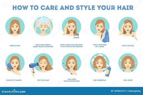 How To Care for Your Hair Instruction. Stock Vector - Illustration of shampoo, curl: 129563219