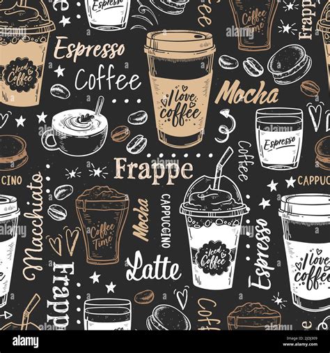 Lovely hand drawn coffee seamless pattern, cute doodle background ...