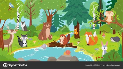 Cartoon forest animals. Wild bear, funny squirrel and cute birds on forests trees kids vector ...