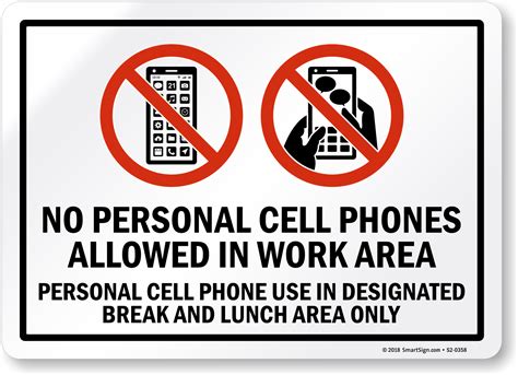 No Personal Cell Phones Allowed In Work Area Sign, SKU: S2-0358
