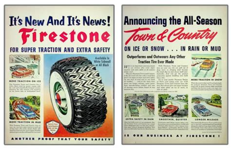 FIRESTONE TOWN COUNTRY All Season Tires 1952 Vintage Print Ad 2 pg Old Cars $12.99 - PicClick
