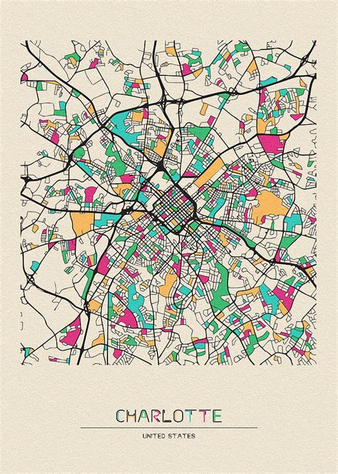 Charlotte, North Carolina City Map Drawing by Inspirowl Design - Fine ...