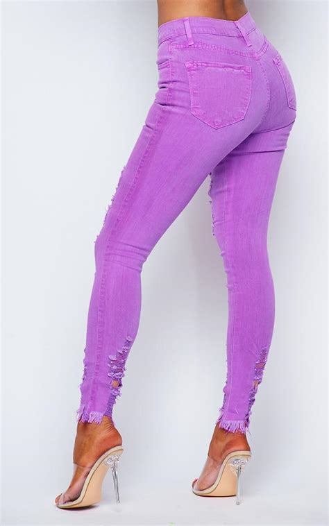 Distressed Ankle High Waisted Skinny Jeans - Neon Purple – SohoGirl.com