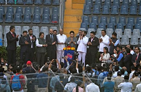 Sachin Tendulkar at the unveiling of his statue at the Wankhede Stadium ...