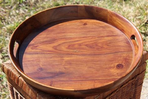 Large Round Walnut Serving Tray Handmade Vintage with | Etsy