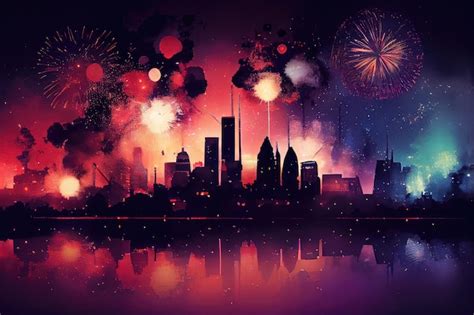 Premium AI Image | City skyline at night with fireworks bursting in the sky