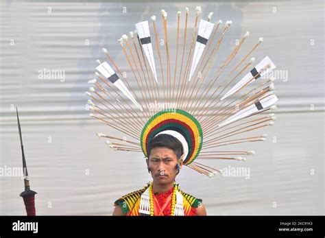 An Angami Naga man in his cultural attires during Sekrenyi Festival at Dimapur, India north ...