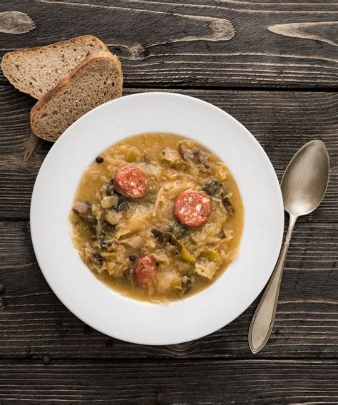 Slovak Christmas Cabbage Soup With Mushrooms On Natural Backgrou Stock ...