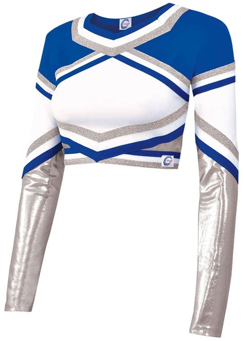 Look like a champion in this performance cheerleading uniform crop top with metallic accents ...