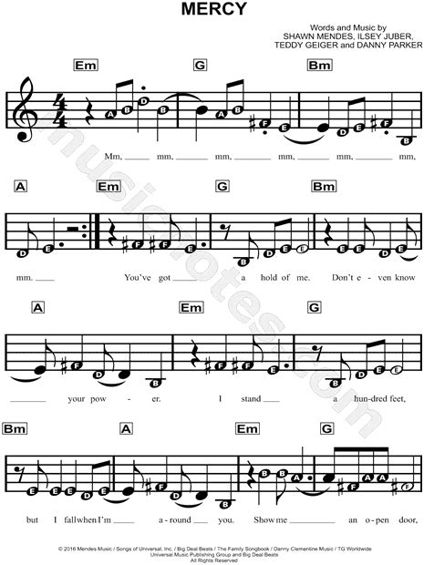 Shawn Mendes "Mercy" Sheet Music for Beginners in E Minor - Download & Print - SKU: MN0169399