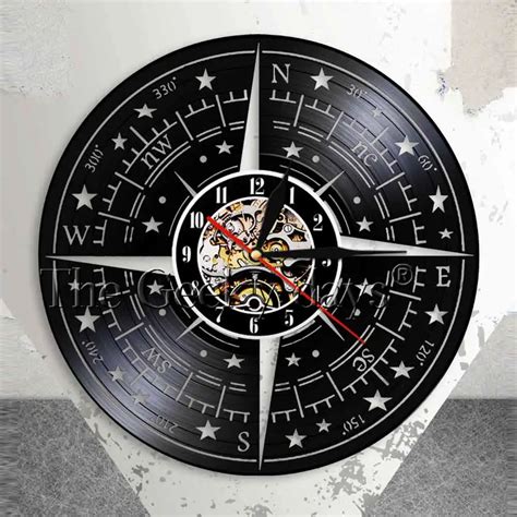 Compass Rose Wall Decor Modern Design Wall Clock Nautical Vinyl Record Wall Clock Navigation ...