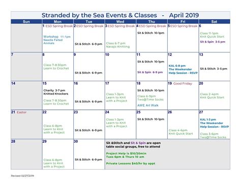 Calendar of Events – April 2019 - Stranded by the Sea