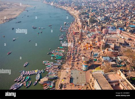 Aerial view of Varanasi, the spiritual capital of India and Ghats in ...