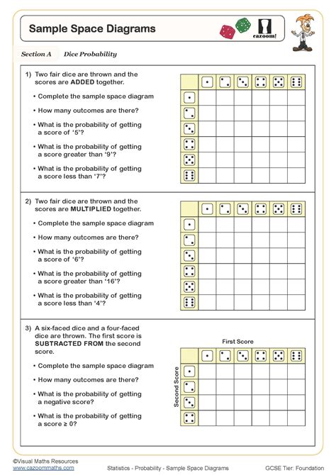 Sample Space Diagrams Worksheet | Cazoom Maths Worksheets