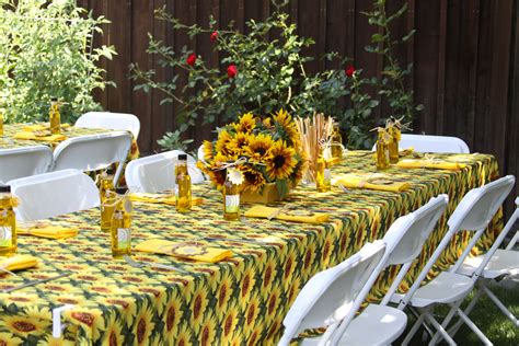 Tuscan, rustic Italian themed bridal shower with sunflower tablecloths ...