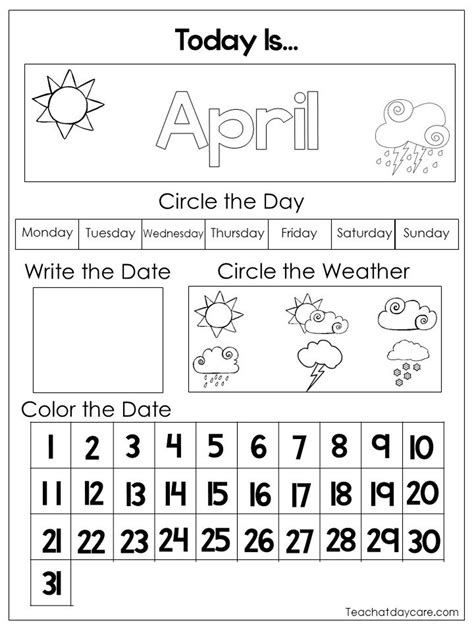 12 Printable Preschool Calendar Worksheet Pages. Month, Day, Date, Weather. Interactive ...