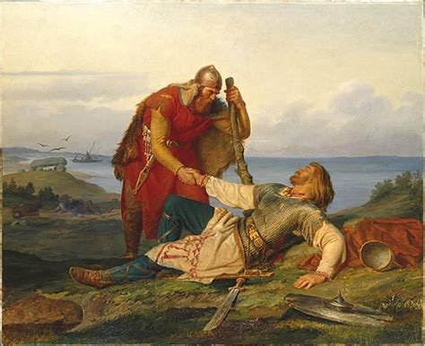 Orvar-Odd and Hjalmar bid each other farewell, by Mårten Eskil Winge (1866)--The saga deals with ...